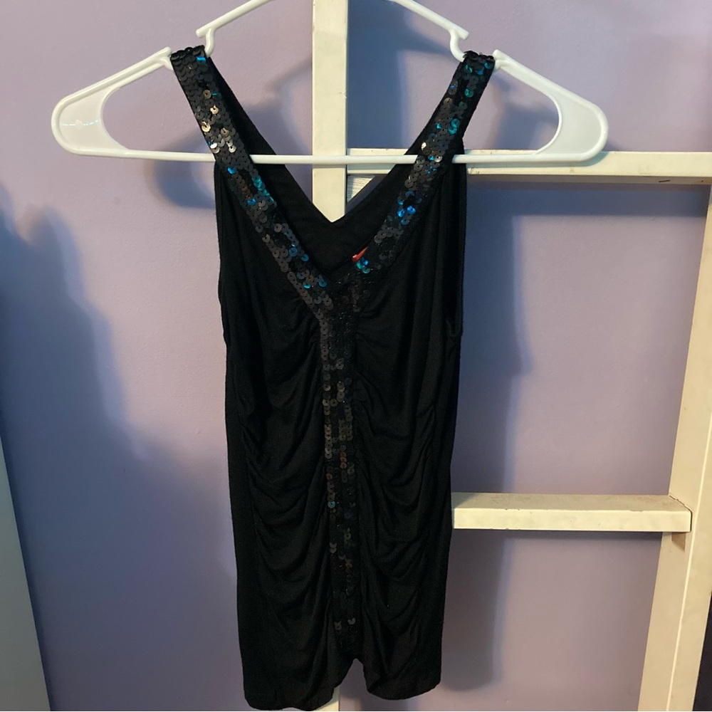 Black sequin ruched tank top
